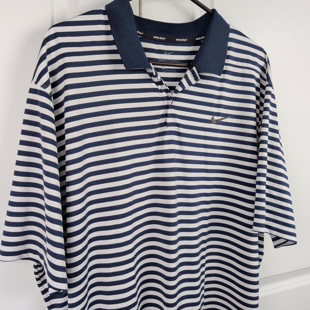 Nike Golf Dri Fit Polo Shirt Mens XXL 2XL Navy White Striped Short Sleeve